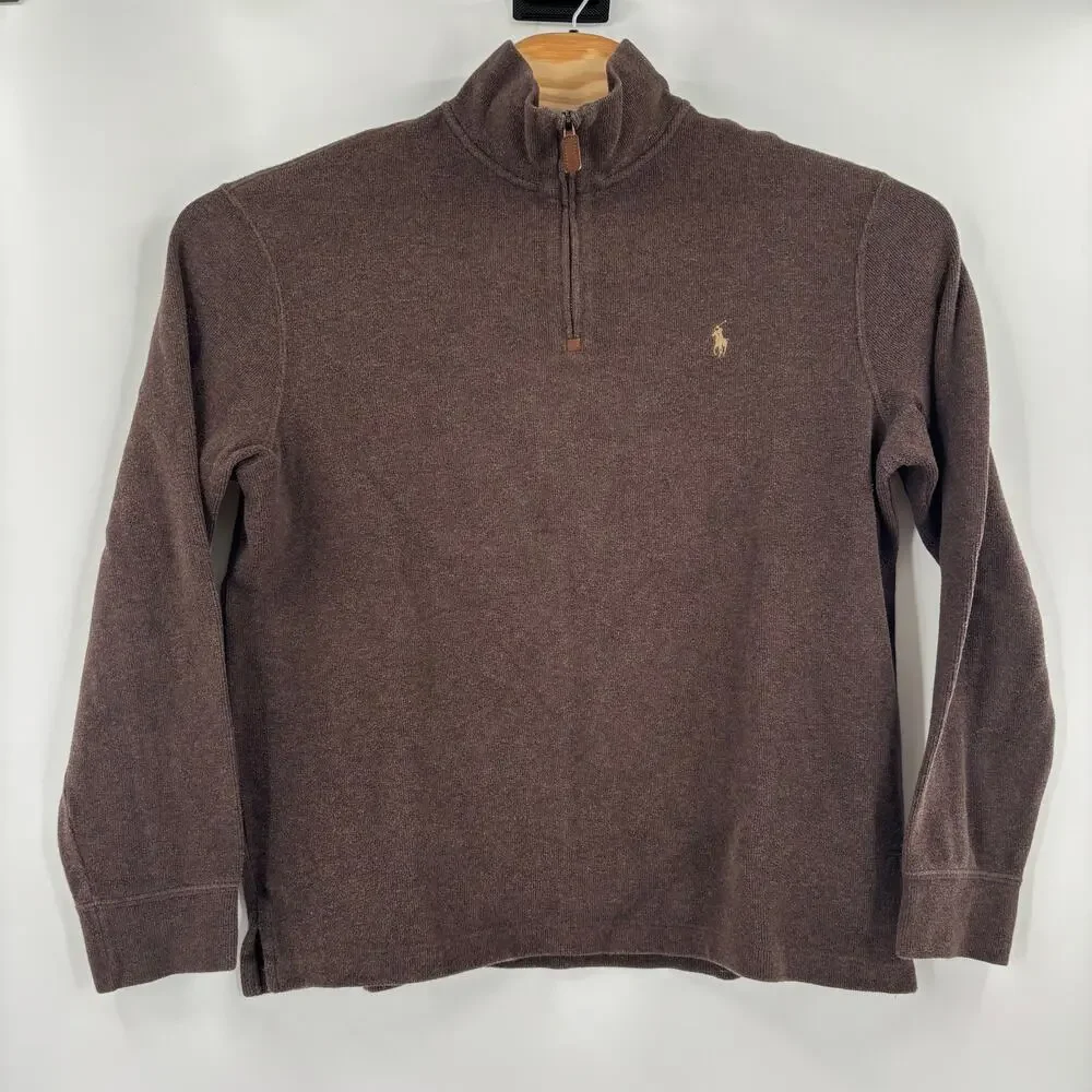 Polo Ralph Lauren Large Brown 1/4 Zip Cotton Pullover Long Sleeve Sweater
